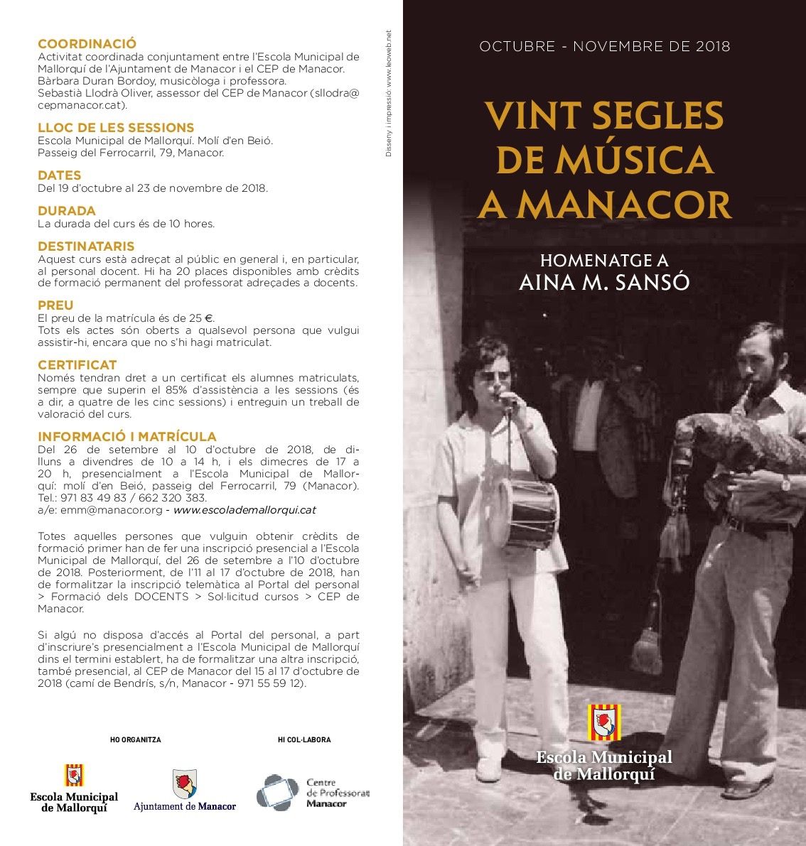 ACTIVITAT EXTERNA: VINT SEGLES DE MÚSICA A MANACOR. HOMENATGE A AINA MARIA SANSÓ