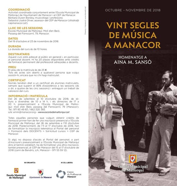 ACTIVITAT EXTERNA: VINT SEGLES DE MÚSICA A MANACOR. HOMENATGE A AINA MARIA SANSÓ