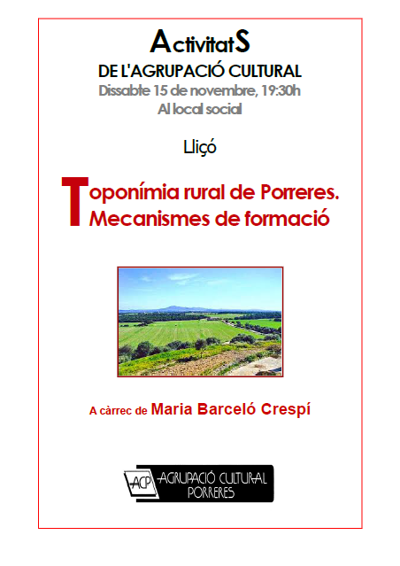 Nova lliçó: TOPONÍMIA RURAL DE PORRERES. MECANISMES DE FORMACIÓ